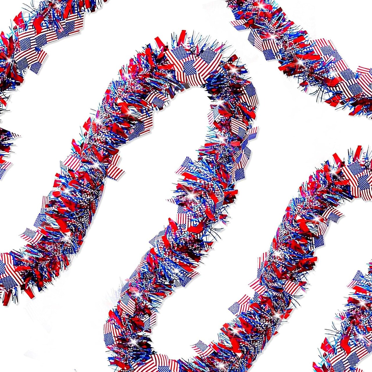 4 Pack 6.6 ft Red White Blue Patriotic Tinsel Garland with American Flags, Metallic Foil Fringe Banner Streamers for 4th of July